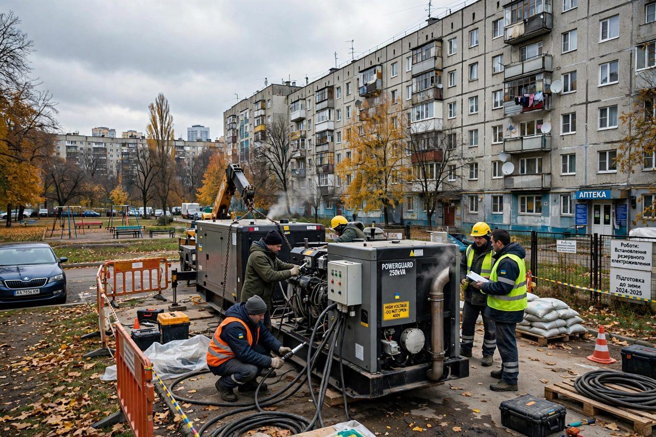 Construction cranes above apartment blocks being rebuilt in a Ukrainian city